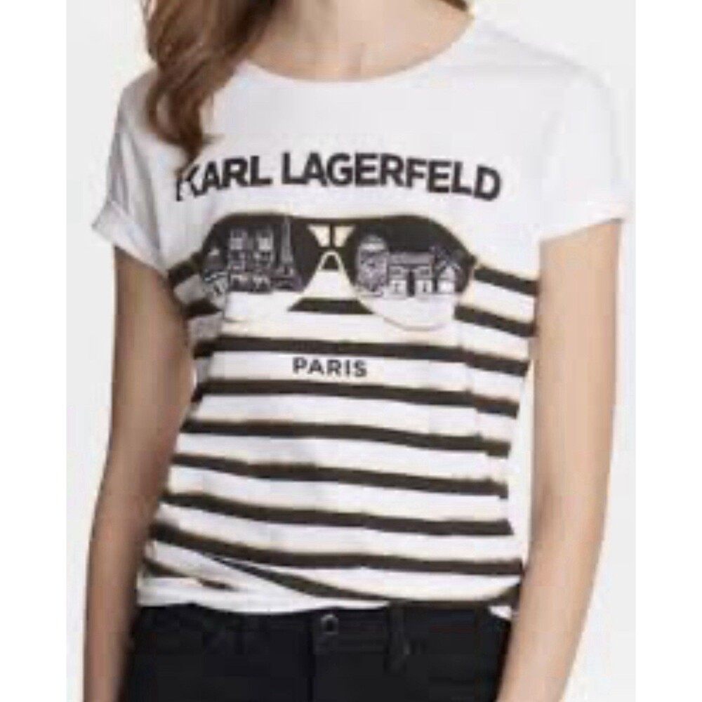 Karl Lagerfeld White Stripe PARIS T Shirt Tee Top NWT Sz M Norte Dame Eiffel
